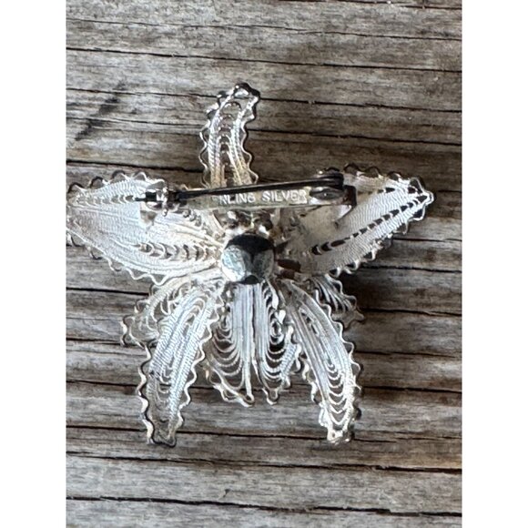 Vintage Sterling Silver Filigree Flower Brooch With Faux Pearls - Picture 2 of 6
